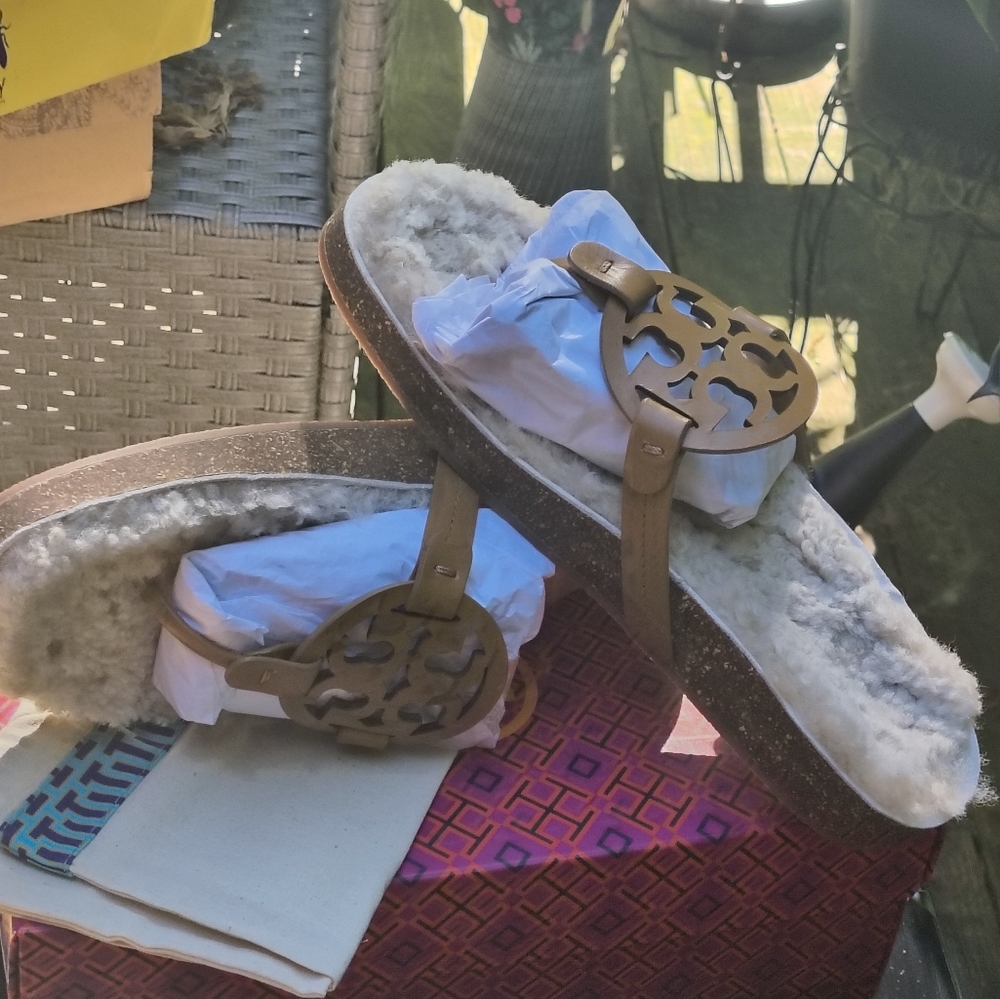 Tory Burch Brown Shearling Sandals with Cutout Design